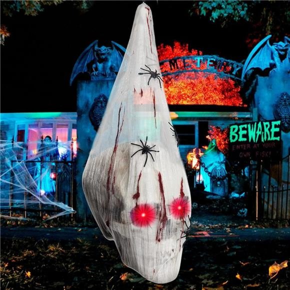 Halloween Skull with Light Up Eyes,Hanging Skeleton with Blood Spider Webc - Picture 1 of 6